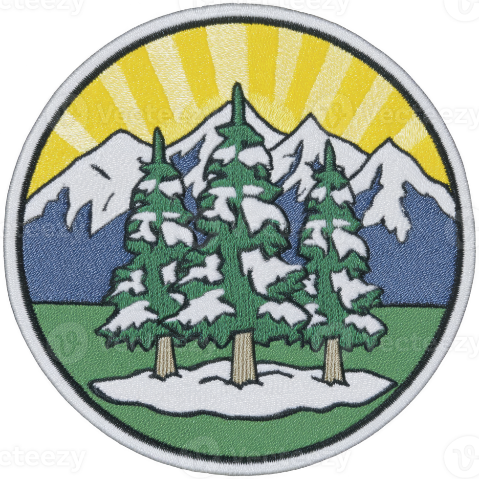 Circular embroidered patch features three snow covered evergreen trees in foreground, set against backdrop of snow capped mountains and bright yellow sunburst sky png