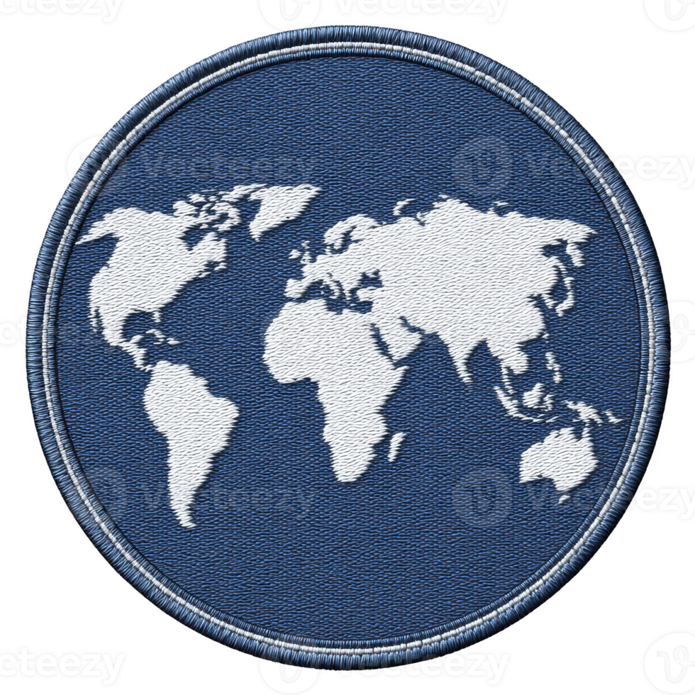 Round embroidered patch features white world map on blue background, symbolizing global unity and exploration. detailed stitching adds texture and depth to design png