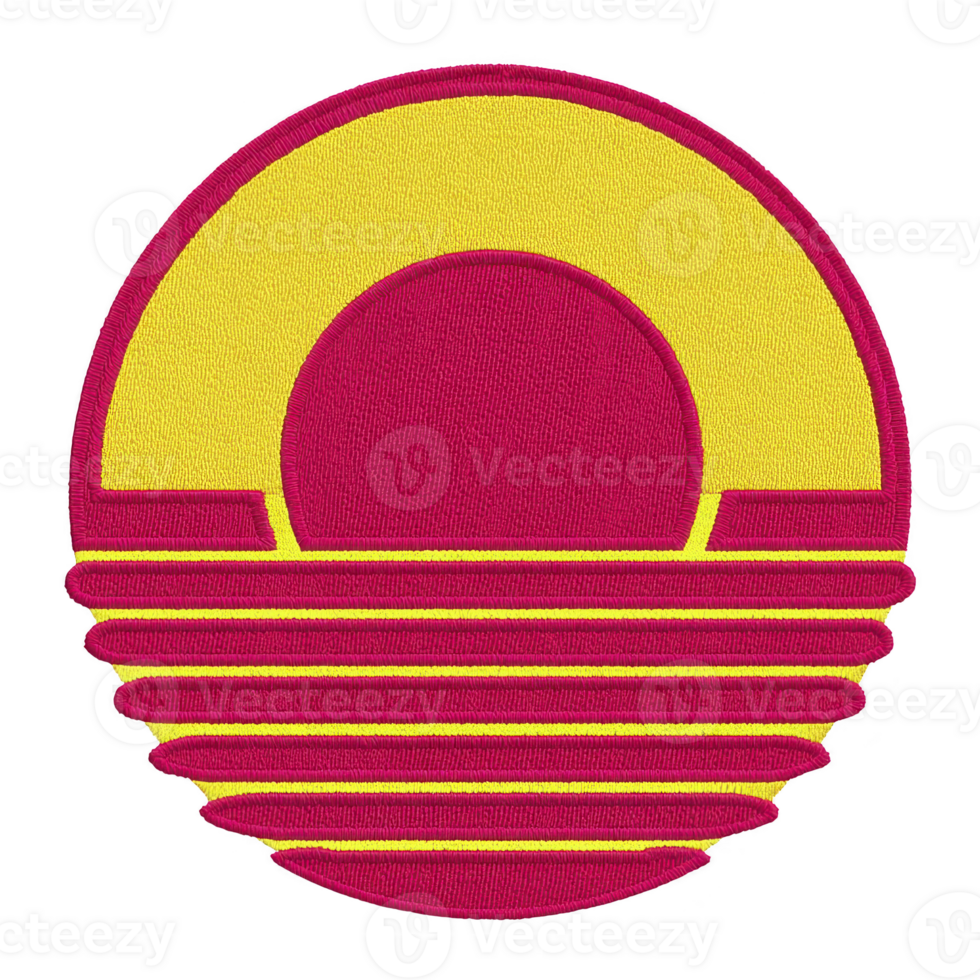 Vibrant, retro style embroidered patch features circular design with yellow sun setting over horizontal red stripes, evoking nostalgic and bold aesthetic png