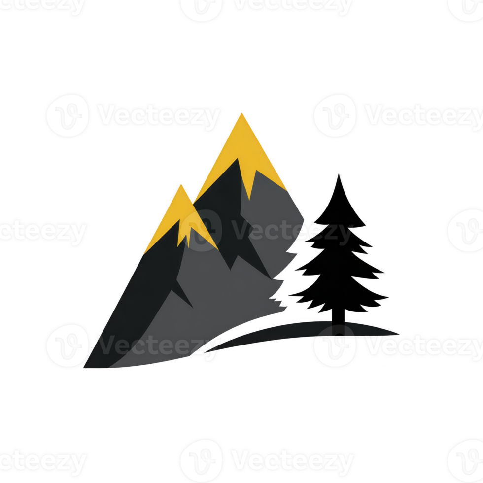 Stylized illustration of two dark mountains with yellow peaks next to pine tree, conveying sense of adventure and nature png