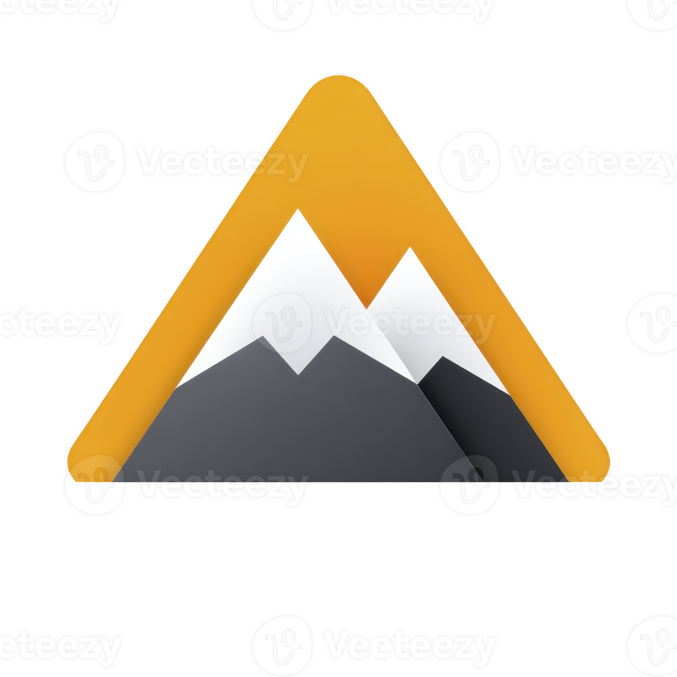 Stylized mountain icon with yellow triangular background and white peaks represents adventure and exploration. design is simple and modern, evoking sense of outdoor enthusiasm png