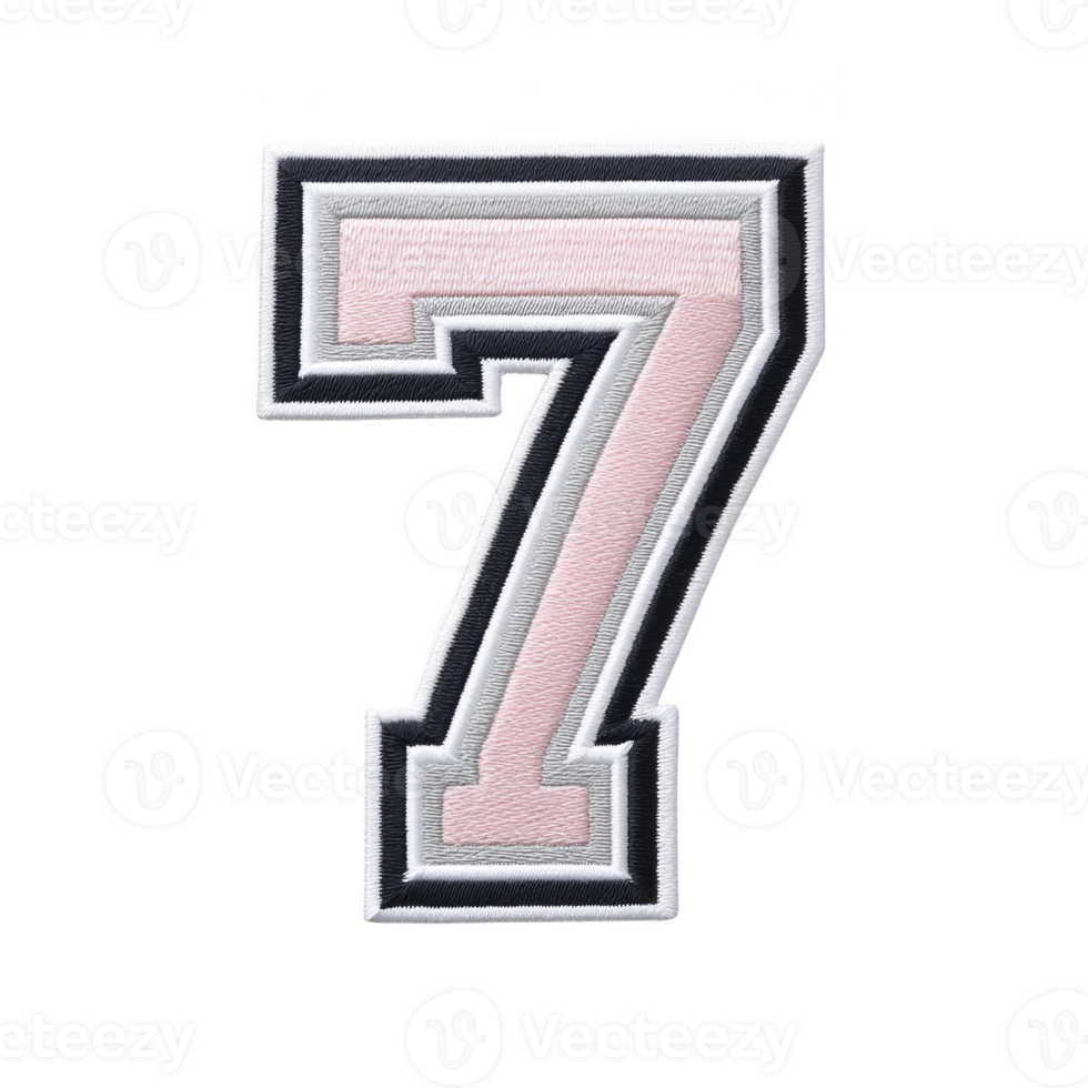 Image shows pink and gray embroidered patch in shape of number seven, featuring bold and stylish design. patch is outlined in black and white, giving it striking appearance png