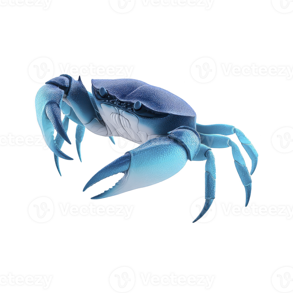 Vibrant blue crab with detailed textures and lifelike features, showcasing its claws and legs in dynamic pose. image highlights crab unique coloration and intricate design png