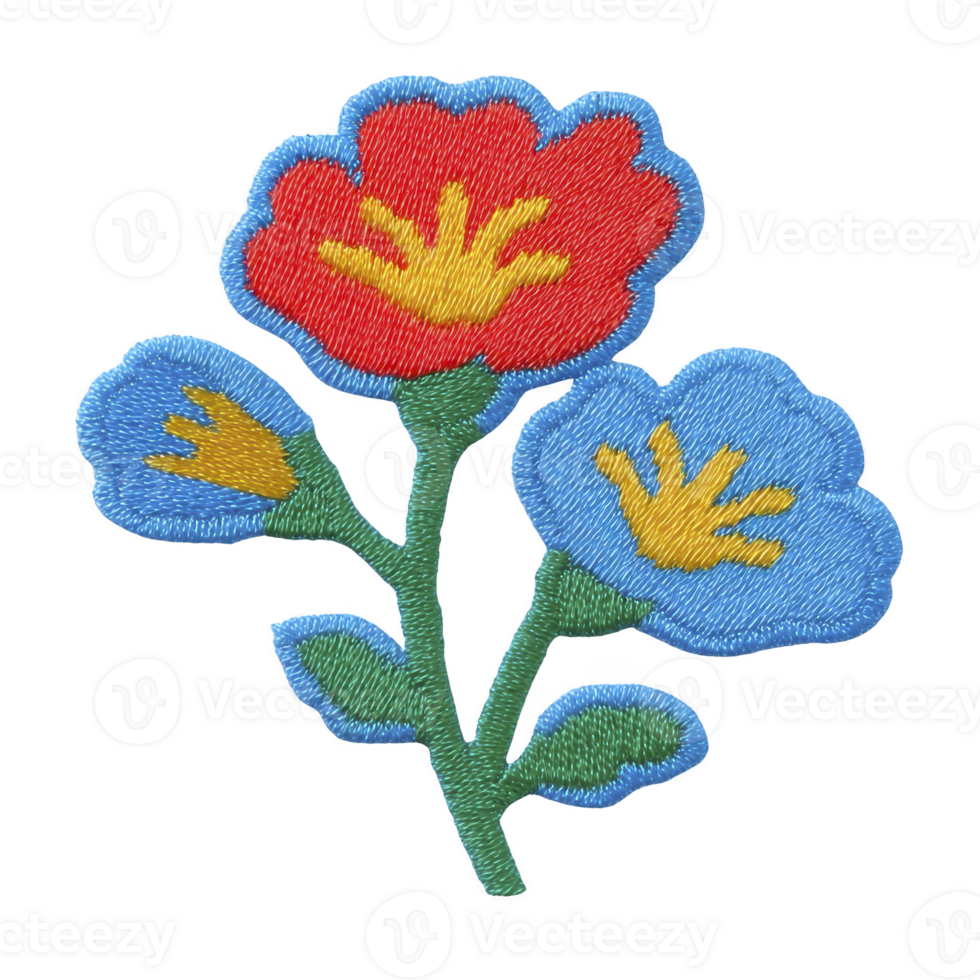 Colorful embroidered patch featuring red and blue flower design with green stems and leaves, showcasing intricate stitching and vibrant colors, perfect for clothing decoration png