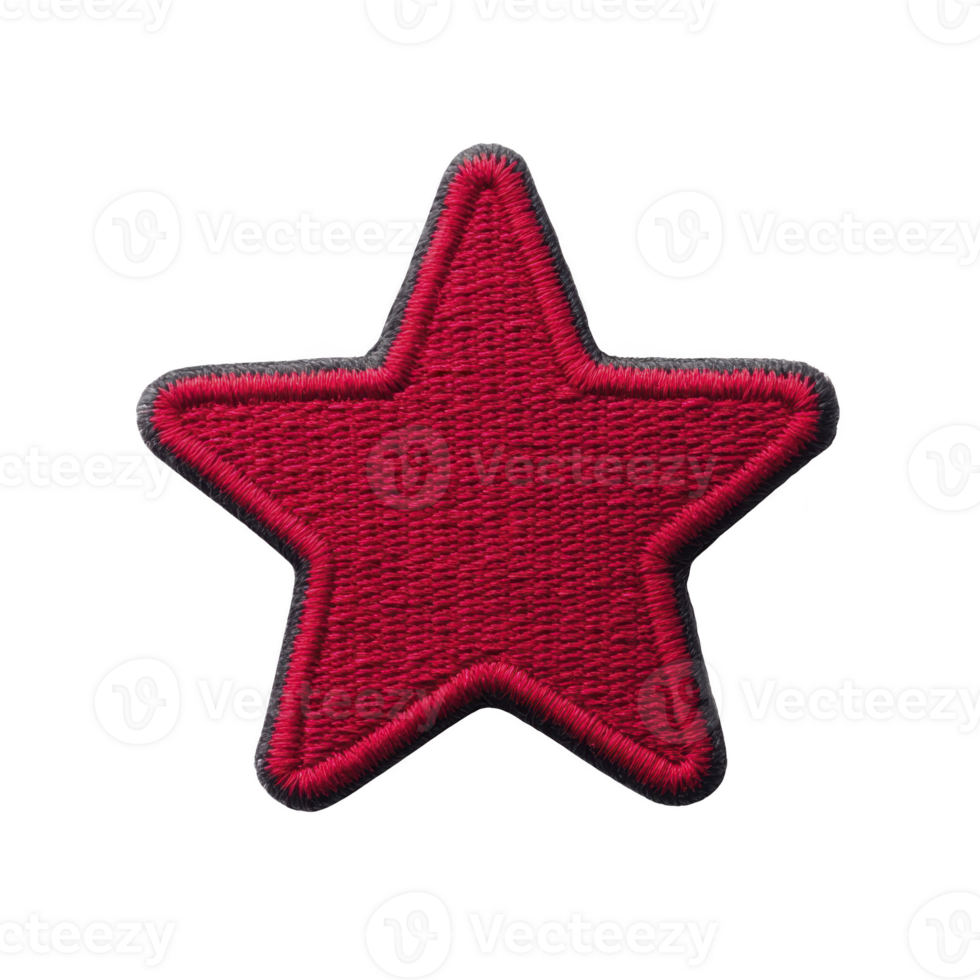 Red embroidered star patch with black border, perfect for adding bold accent to clothing or accessories. textured fabric gives it classic and versatile look png