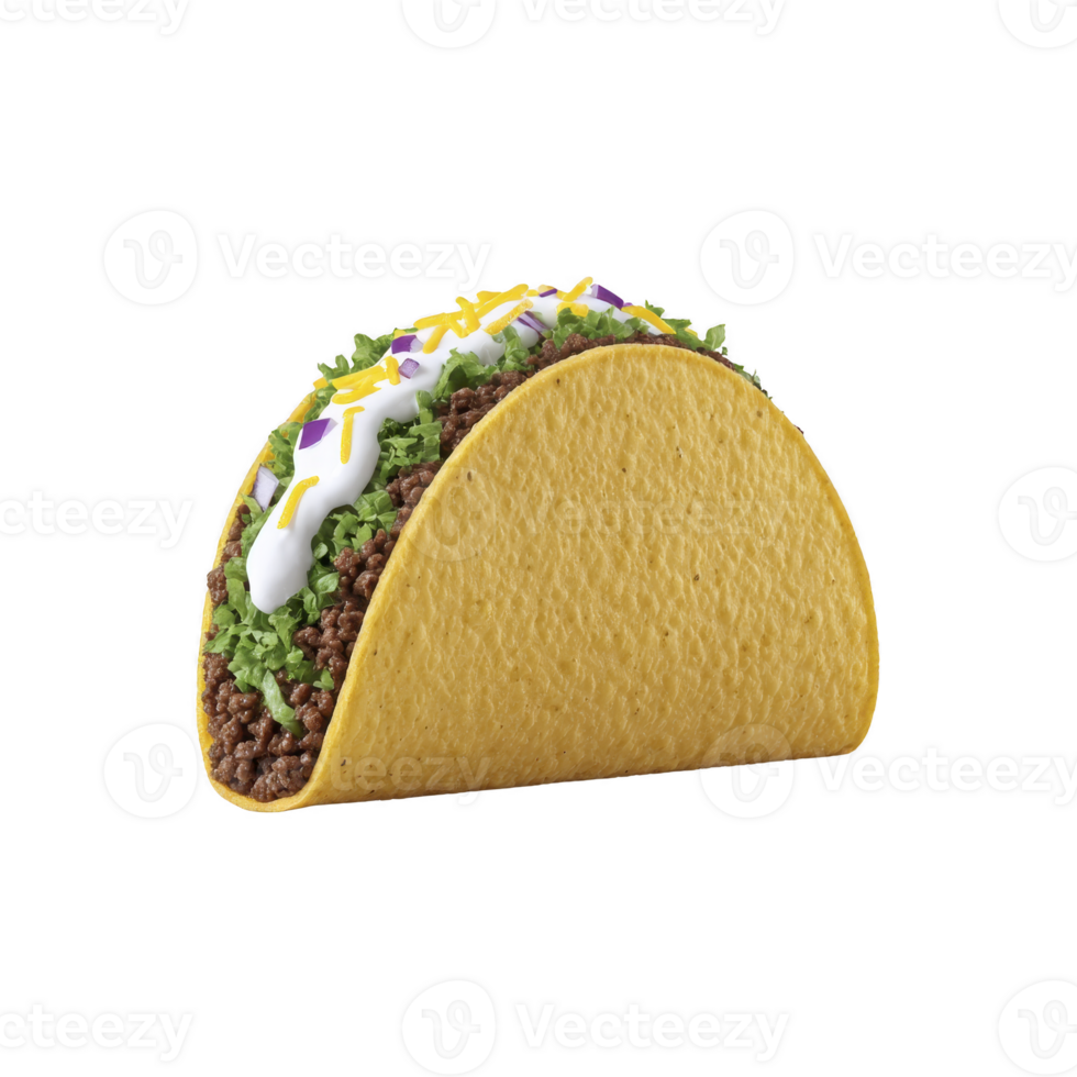 Crunchy taco shell filled with seasoned ground beef, fresh lettuce, shredded cheese, diced onions, and dollop of sour cream. vibrant colors make it look appetizing png