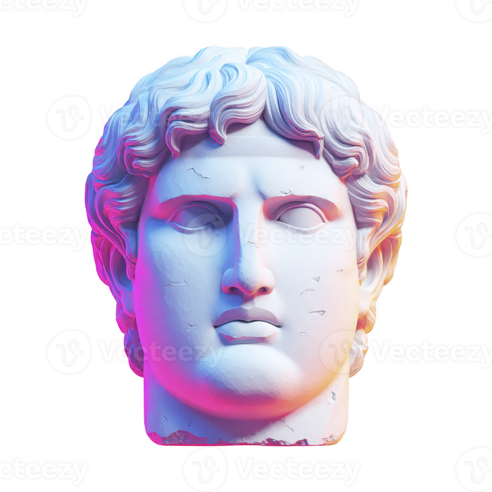 Classical marble bust of man with curly hair is illuminated by colorful lighting, creating modern and artistic contrast. sculpture expression is calm and timeless png
