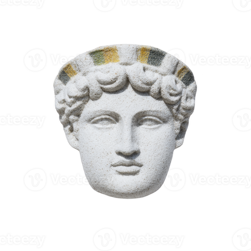 Classical stone sculpture of head with curly hair and serene expression, featuring decorative headband with green and yellow accents, isolated on transparency background png