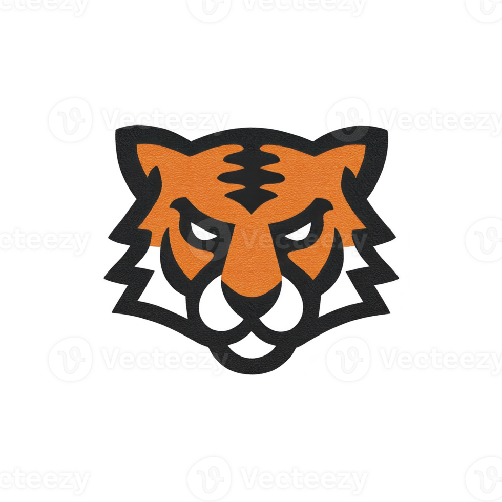 This features stylized tiger head logo with bold black outlines and orange fill, conveying strength and fierceness. design is simple yet impactful, suitable for branding or sports teams png