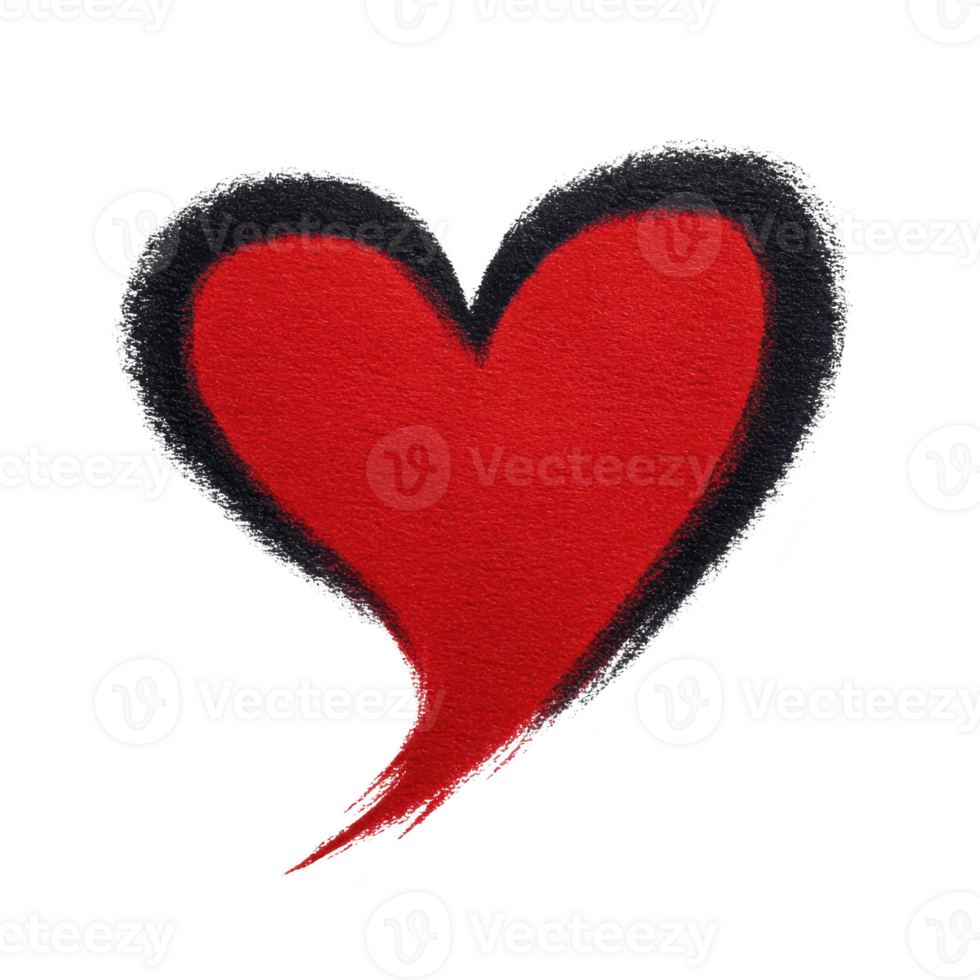 Vibrant red heart with black outline, featuring textured, hand drawn style, conveys sense of love and passion. heart asymmetrical shape adds playful and artistic touch png