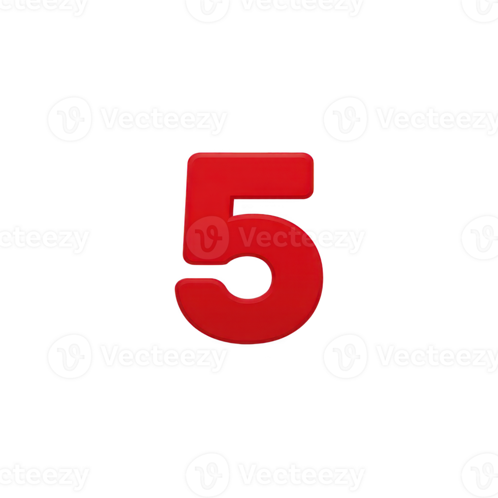 Red number five on transparency background, symbolizing counting or ranking. bold and vibrant design makes it stand out, ideal for educational or decorative purposes png