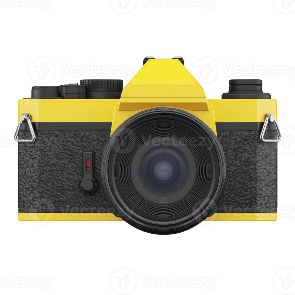 Vibrant yellow and black camera with large lens is shown, featuring classic design and modern details. camera bold color and sleek appearance make it visually striking png