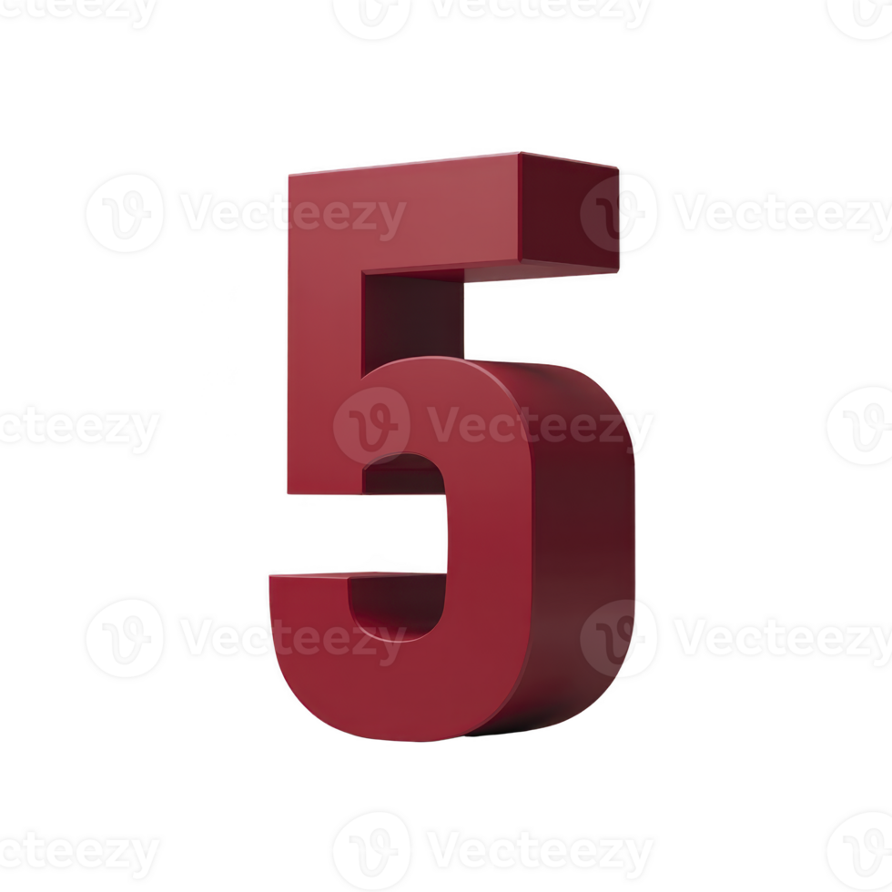 Bold, red 3D number five stands prominently against transparency background, showcasing modern and sleek design. number glossy finish adds touch of elegance and sophistication png