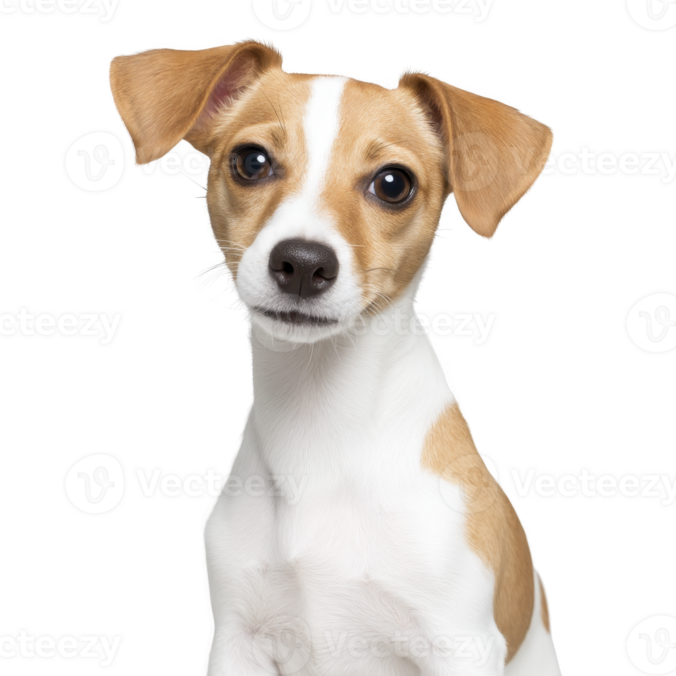 Cute Jack Russell Terrier puppy with curious expression sits against transparency background, showcasing its smooth coat and alert ears png