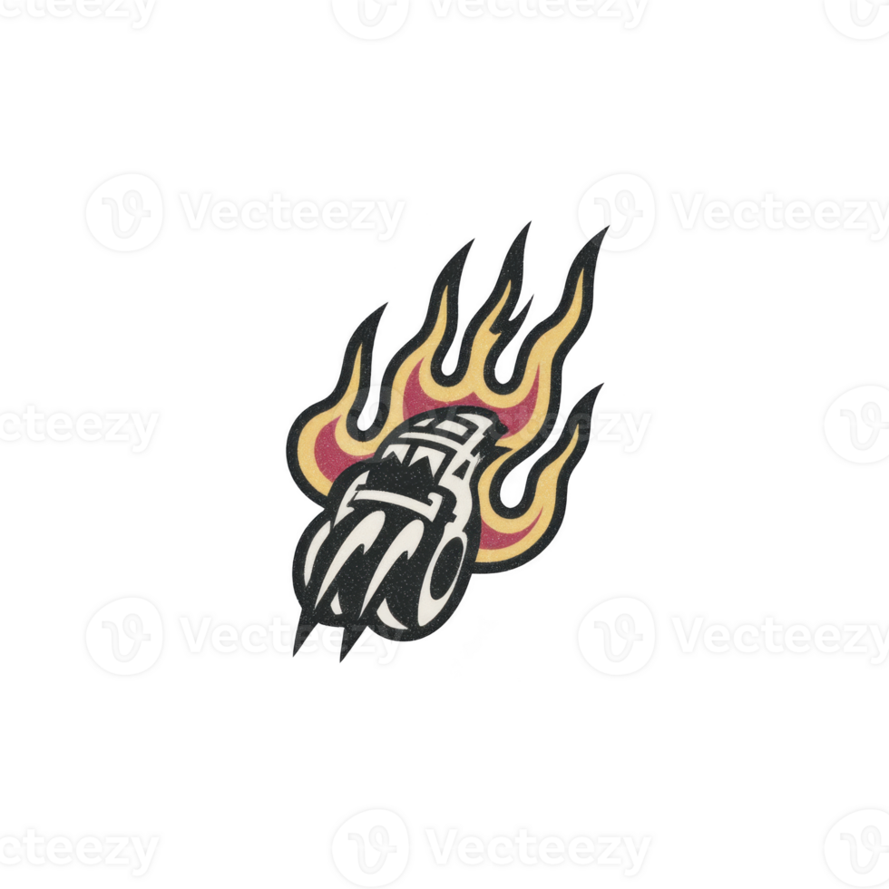 Stylized illustration of flaming skull with bold lines and vibrant colors, evoking sense of energy and intensity. design features flames in red, yellow, and black png
