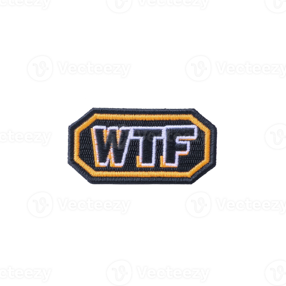 retangular bordado fragmento com cartas wtf dentro negrito branco Fonte, delineado dentro amarelo e preto, cria brincalhão e humorístico expressão. fragmento é projetado para roupas ou acessórios png