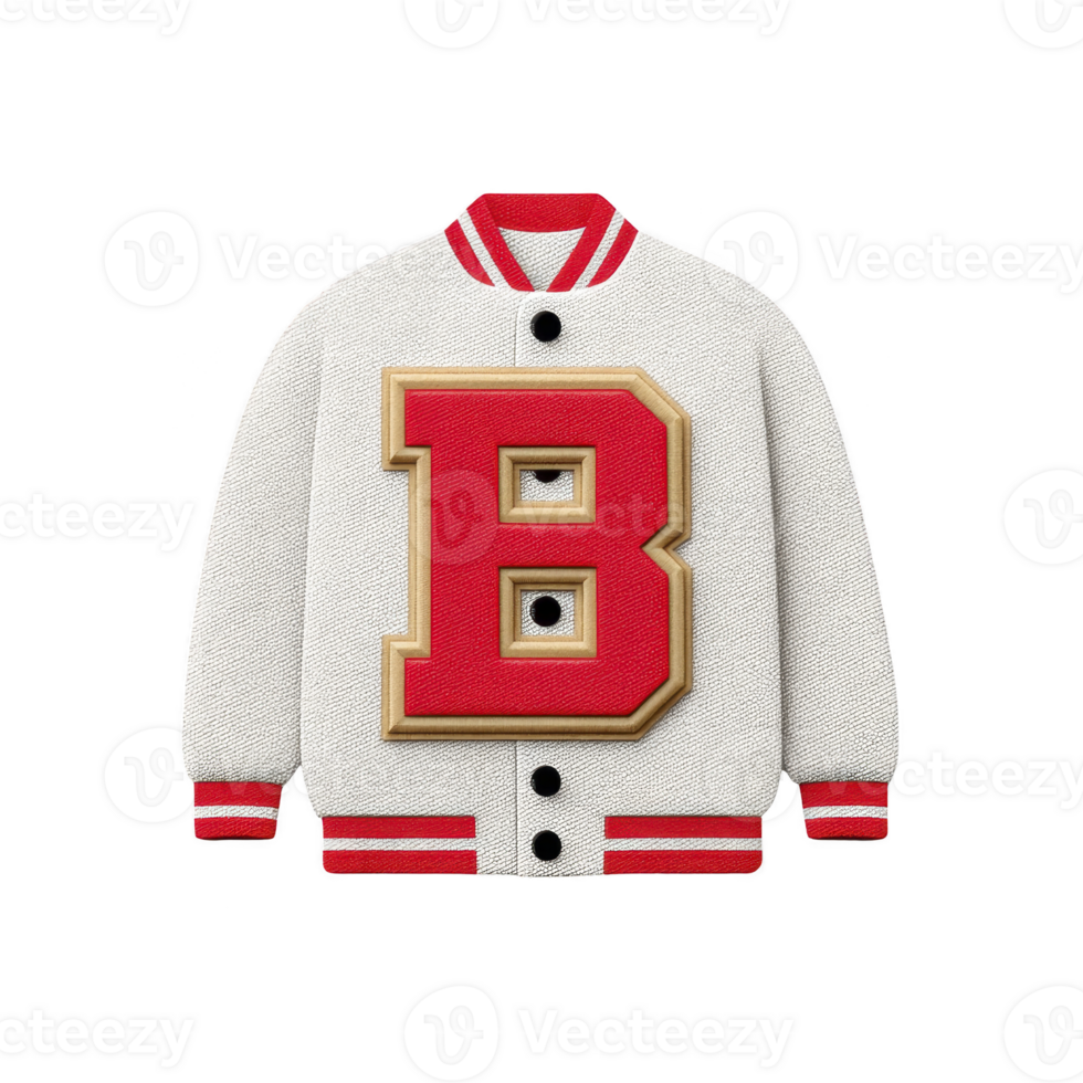 White varsity jacket with red accents and large red letter B on front, exuding sporty and classic style. jacket features button up front and ribbed cuffs png