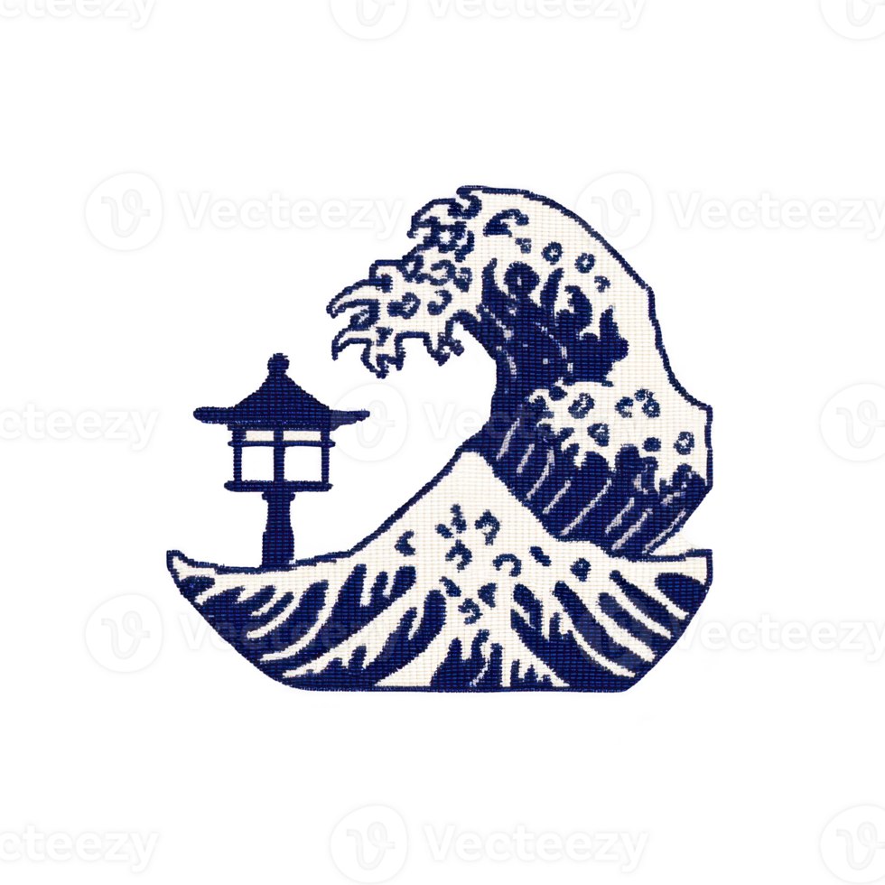 Stylized depiction of large wave in blue and white, reminiscent of traditional Japanese art, with small pagoda structure beside it. design is intricate and artistic png