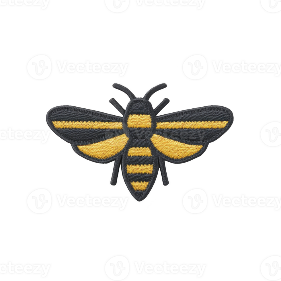 This features embroidered patch of bee with yellow and black stripes, showcasing detailed stitching on transparency background. design is simple yet striking, ideal for clothing or accessories png