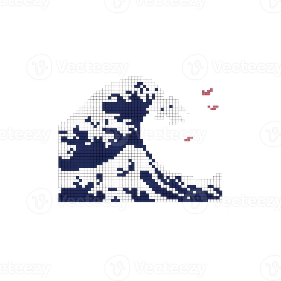Pixelated wave design inspired by traditional Japanese art, featuring stylized ocean wave with few pink elements against transparent background. digital art style gives it modern twist png