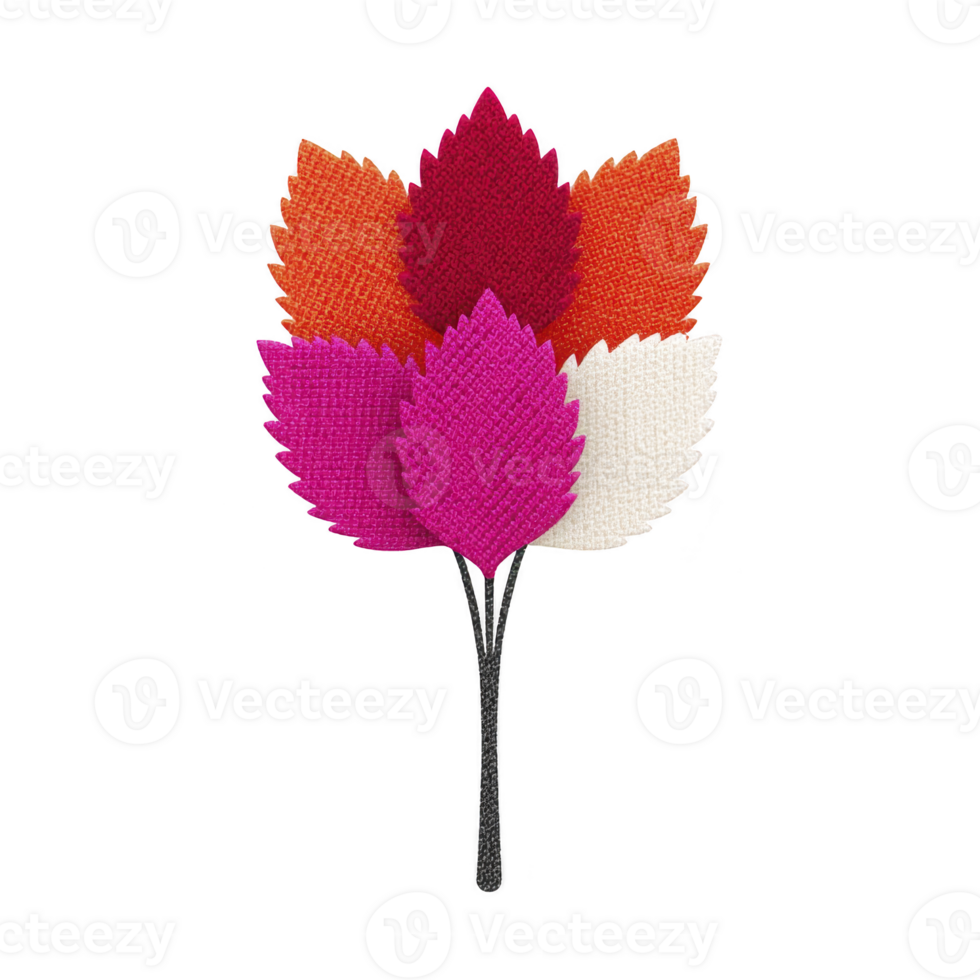 Colorful arrangement of fabric leaves in shades of red, orange, pink, and white, creating vibrant and artistic display. textured leaves are layered to form striking bouquet png