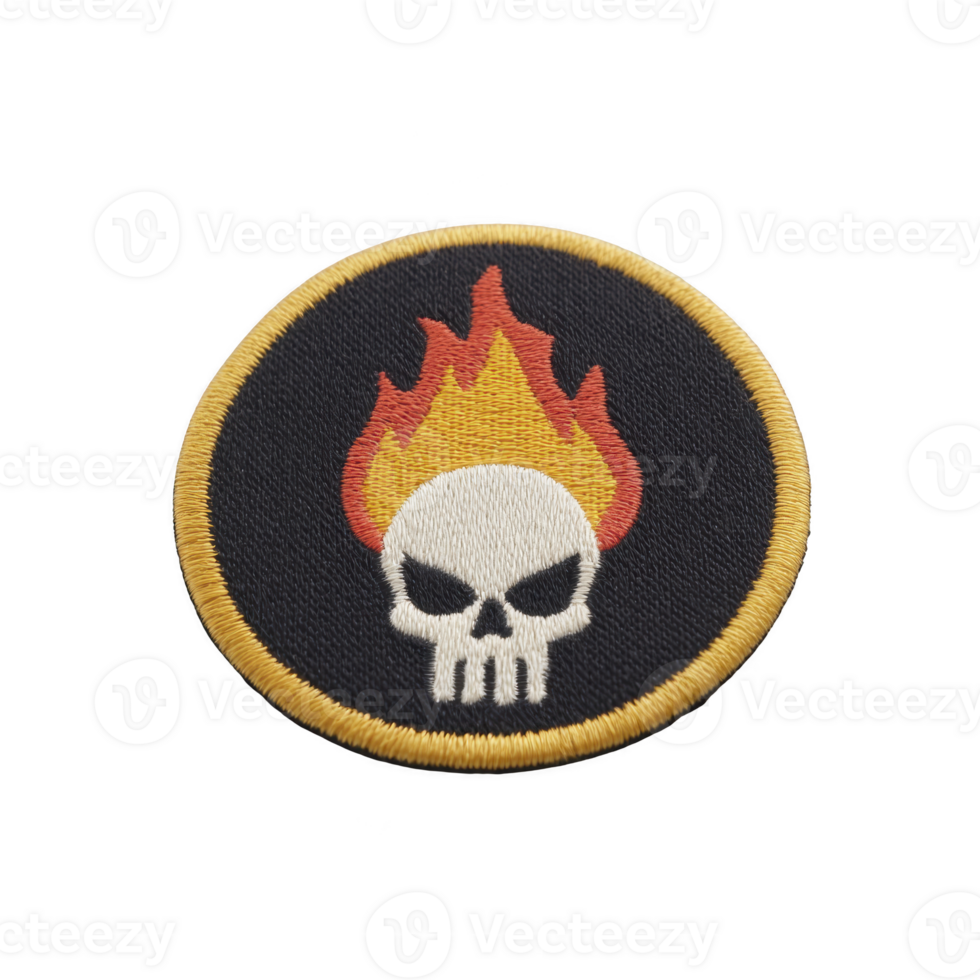 Round embroidered patch features skull with flames on transparency background, bordered by yellow edge. design is bold and striking, suitable for jackets or bags png