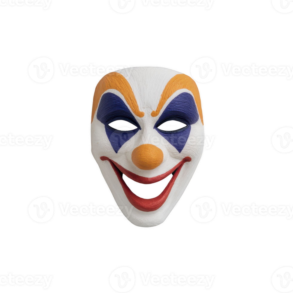 Colorful clown mask with cheerful expression features bold orange eyebrows, blue eye makeup, and red smile. mask is designed for costume or theatrical use png