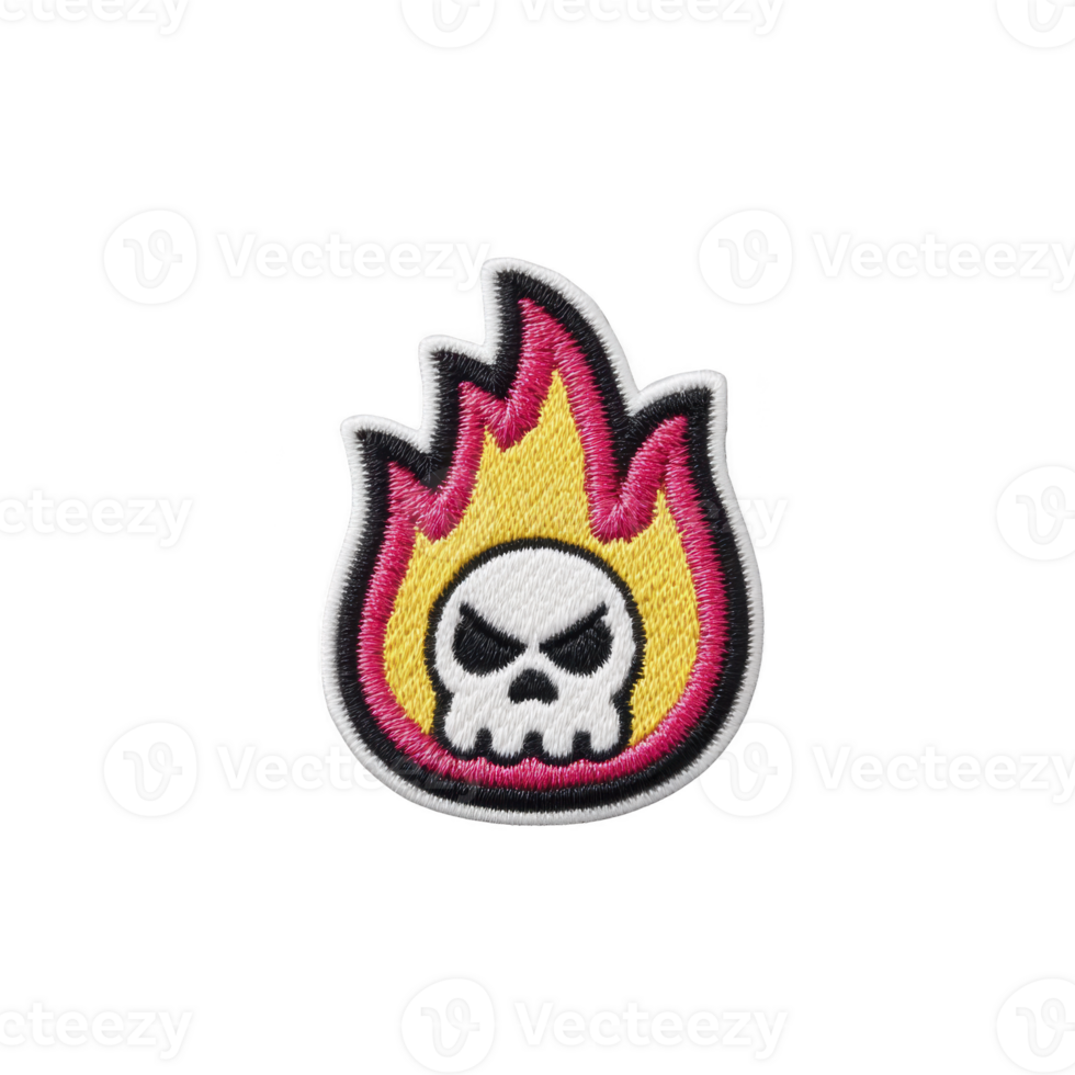Colorful embroidered patch features skull with angry expression inside vibrant flame design, set against transparency background. patch has bold and edgy style png