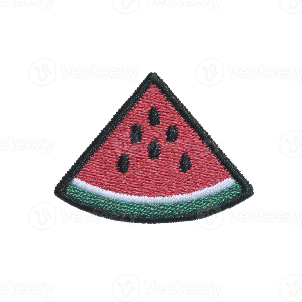 Colorful embroidered patch in shape of watermelon slice with black seeds and green rind, perfect for adding playful touch to clothing or accessories png