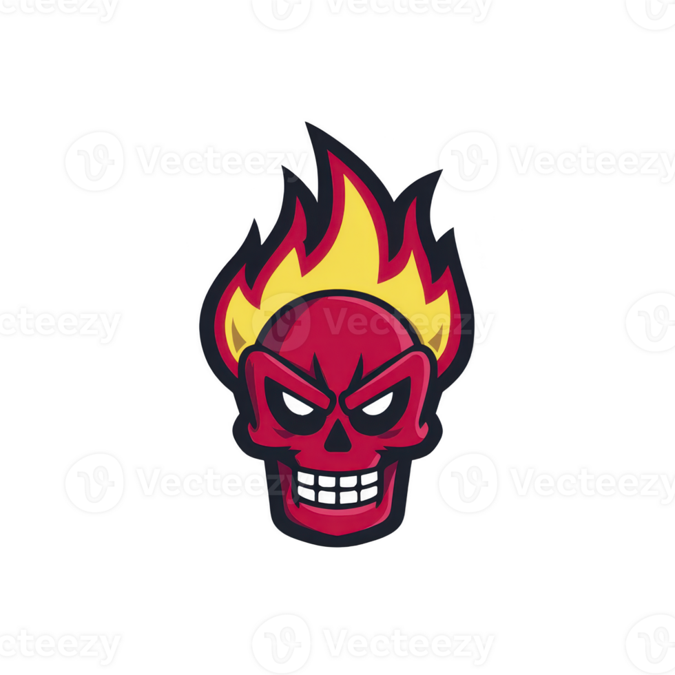 Stylized red skull with fierce expression and yellow flames emanating from top, set against transparency background, conveys sense of intensity and boldness png
