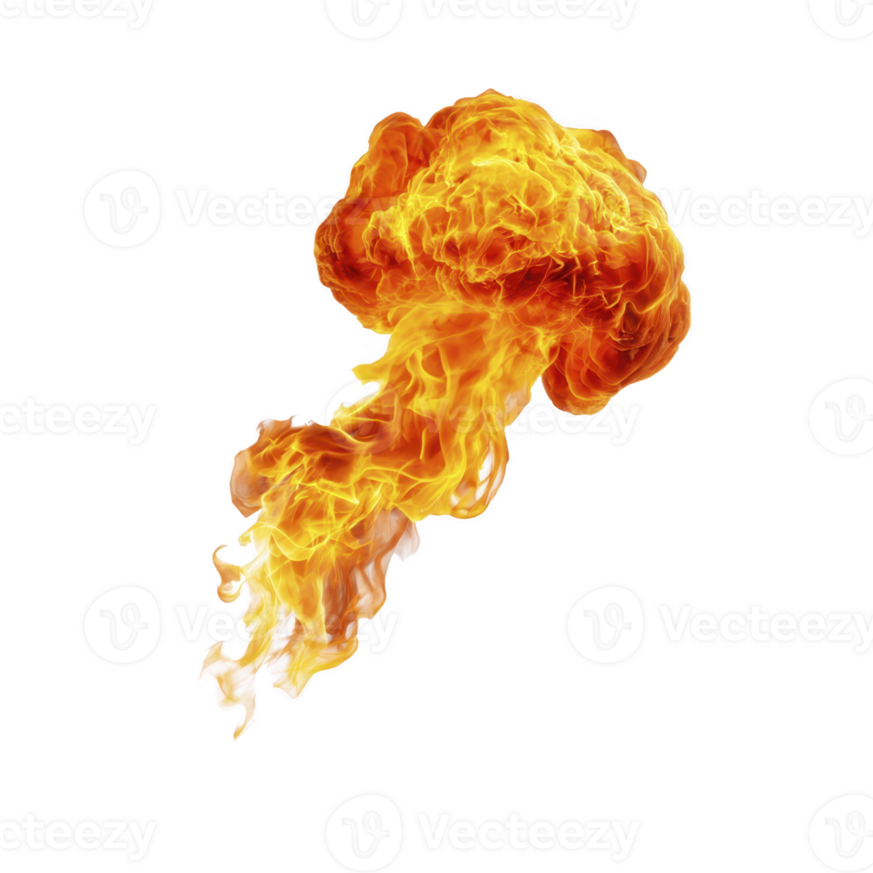 Fiery explosion with bright orange and yellow flames forms mushroom cloud shape against transparent background. intense heat and dynamic movement create dramatic and powerful visual effect png