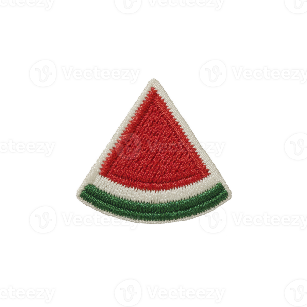 Colorful embroidered patch in shape of watermelon slice with red, green, and white stitching. Perfect for adding playful touch to clothing or accessories png