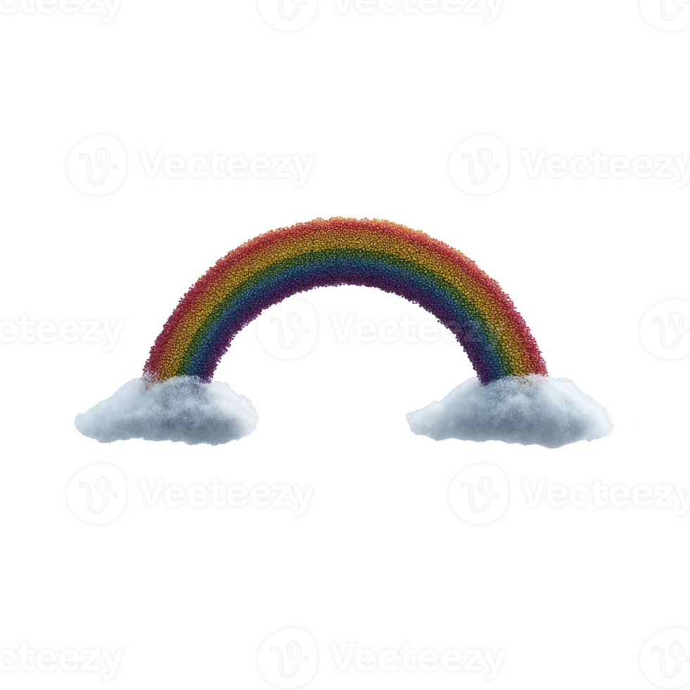 Vibrant rainbow arches between two fluffy clouds against transparency background, creating whimsical and cheerful scene. colors of rainbow are vivid and distinct png