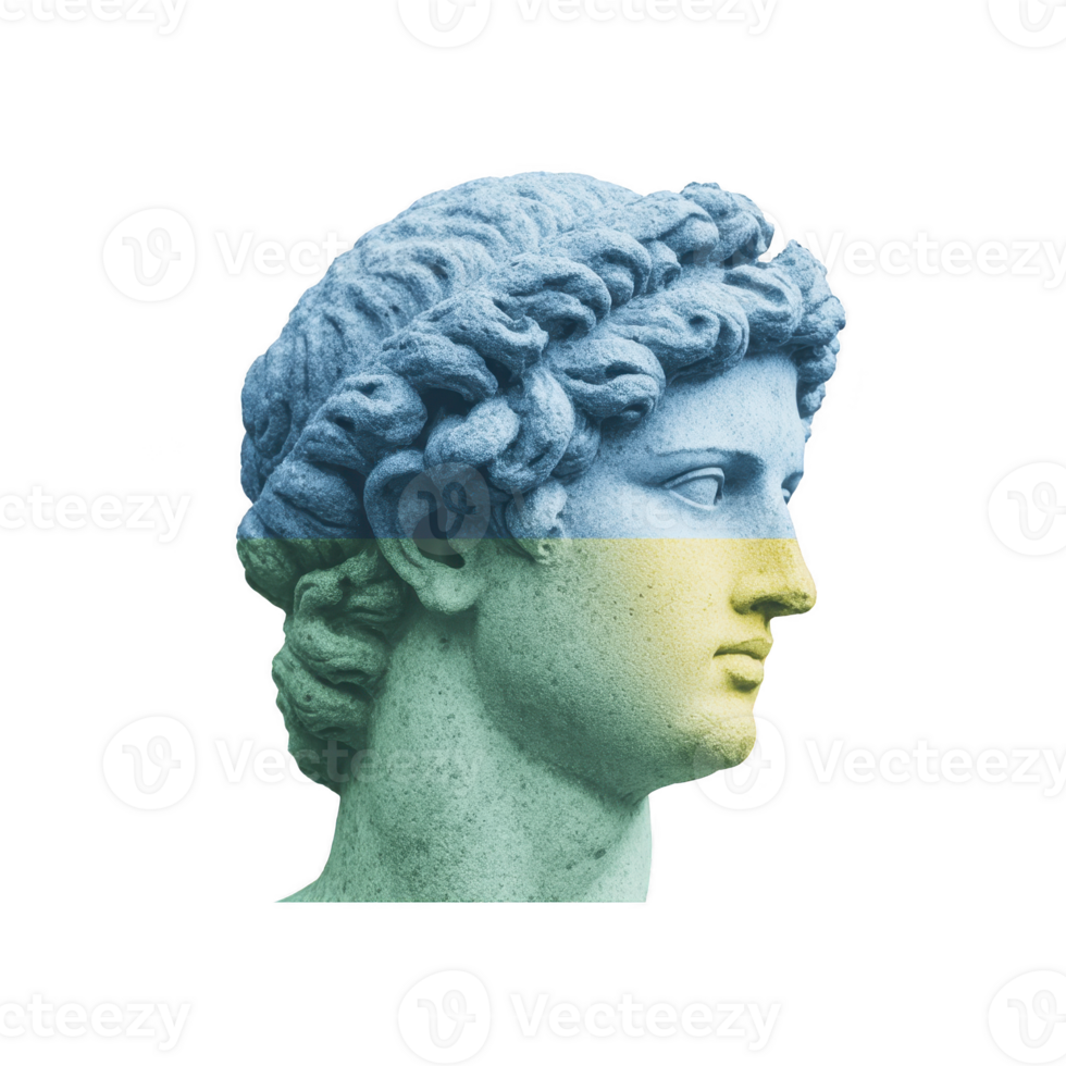 Classical marble statue head is creatively overlaid with blue and yellow gradient, symbolizing artistic expression and cultural fusion. serene expression adds timeless quality png