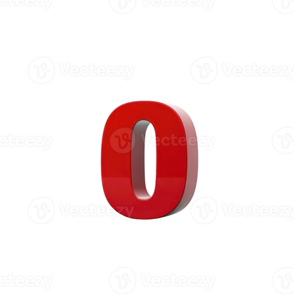 Shiny red 3D number zero stands out against plain background, showcasing bold and modern design. glossy finish adds depth and dimension, making it visually striking png