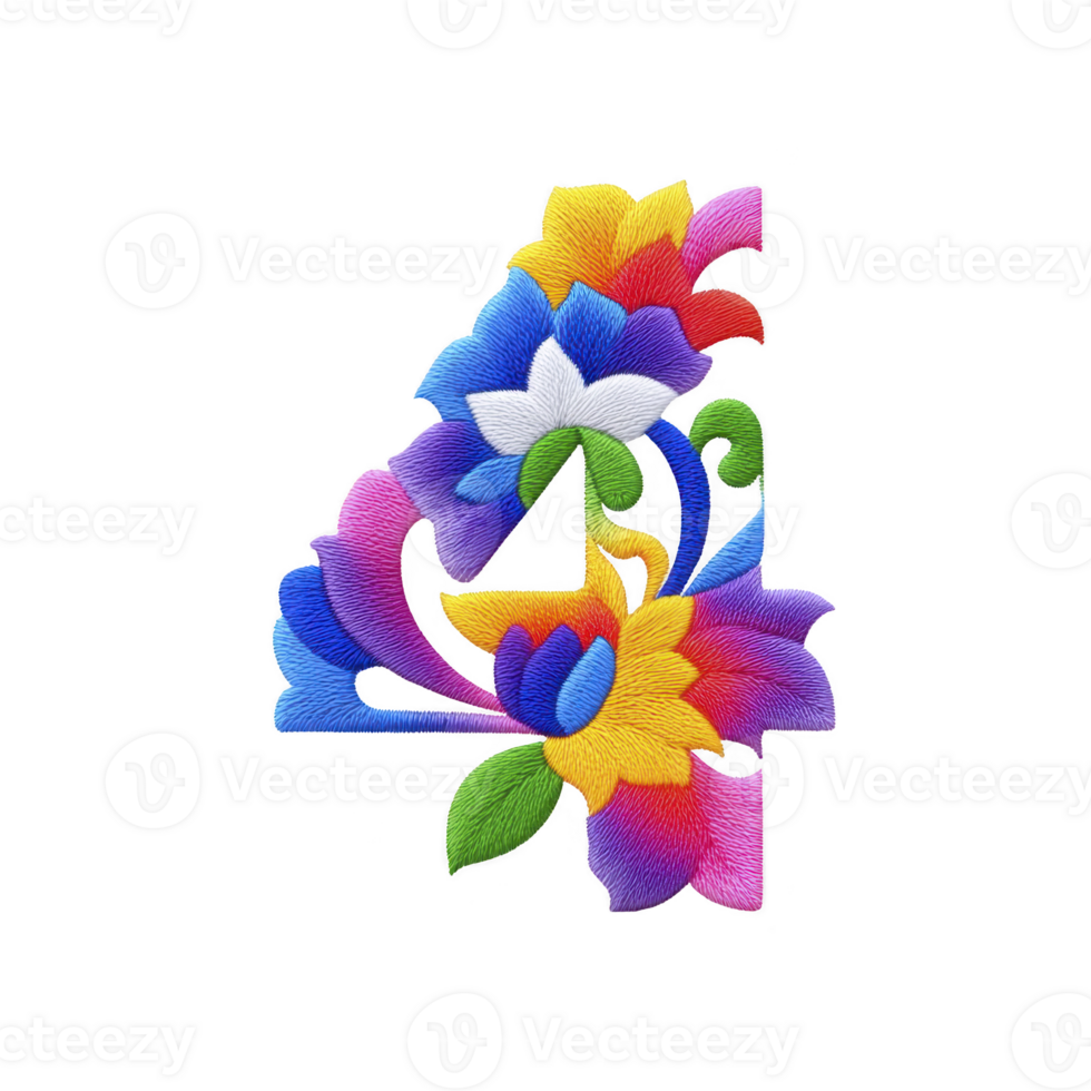 Colorful embroidered number four adorned with vibrant flowers and leaves, showcasing intricate stitching and playful design. Perfect for decorative purposes or textile art png