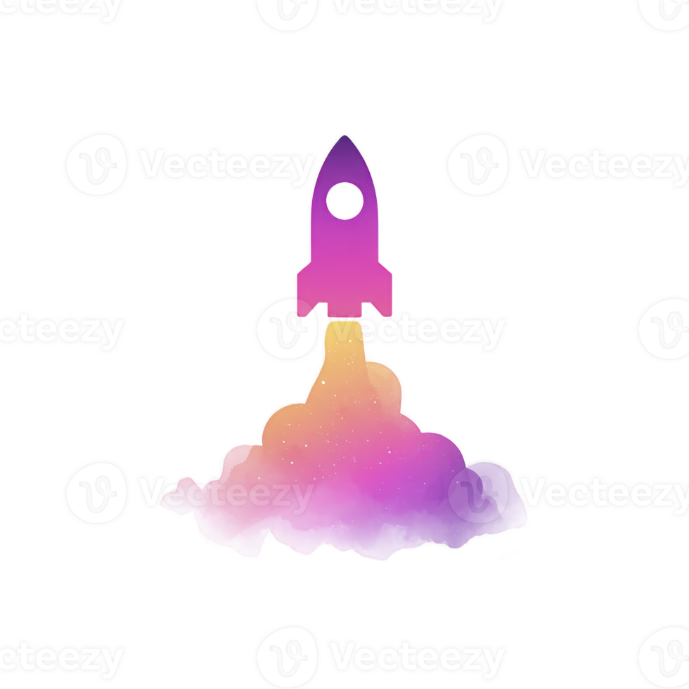 Vibrant illustration of rocket launching into space, leaving colorful trail of smoke. gradient hues of pink, purple, and orange create dynamic and futuristic feel png
