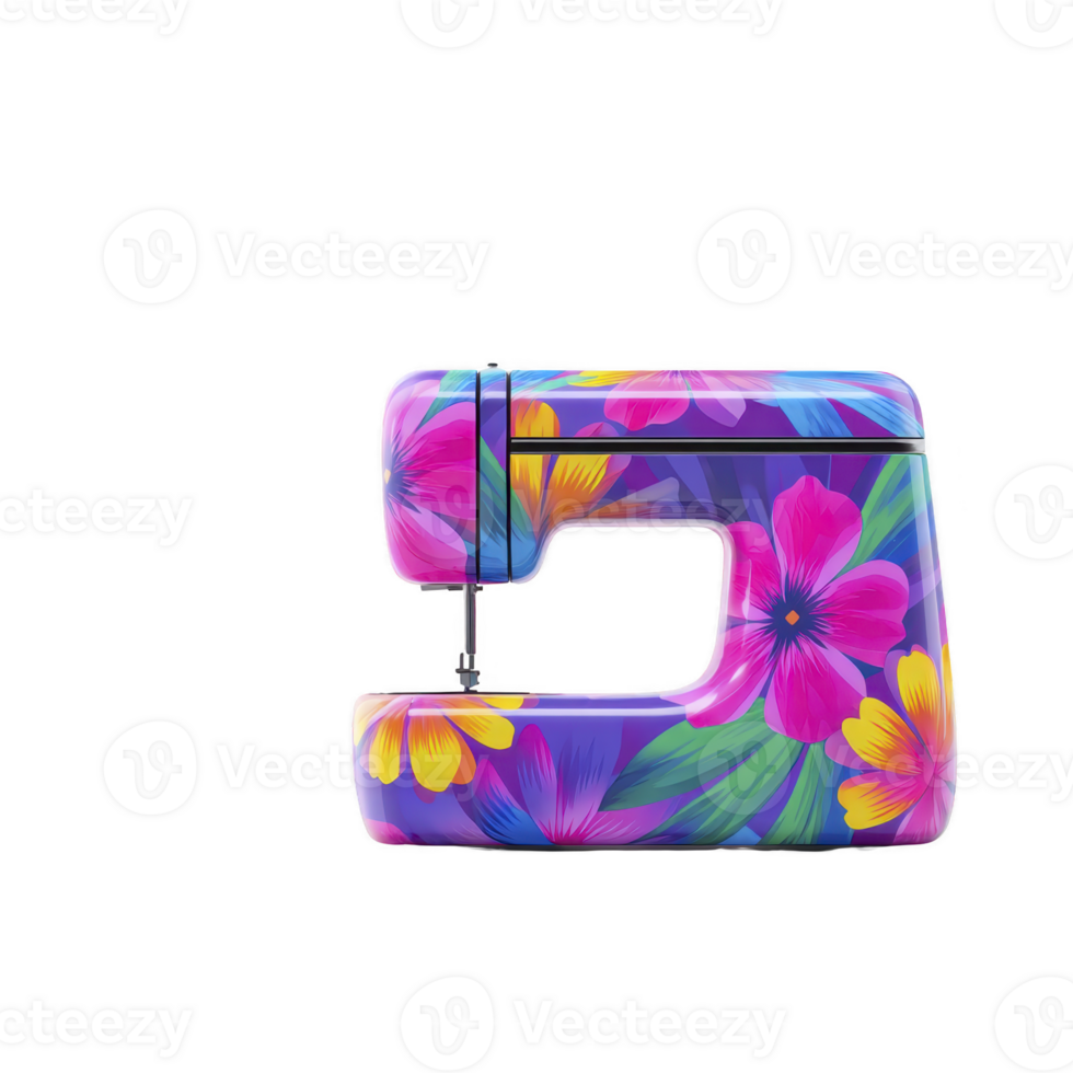 Colorful sewing machine adorned with vibrant floral patterns, featuring pink, yellow, and blue flowers, creating cheerful and artistic design png