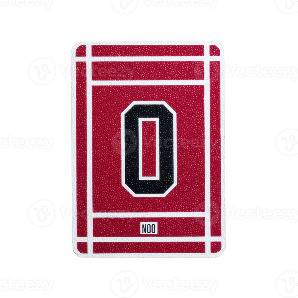 Red playing card with bold black and white number zero in center, surrounded by white lines on textured surface. card has modern and minimalistic design png