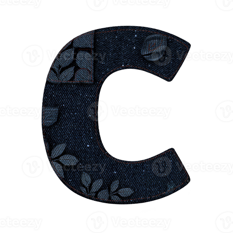Large, textured letter C with dark blue color and decorative leaf patterns creates stylish and artistic design. intricate details add unique touch to bold letter png