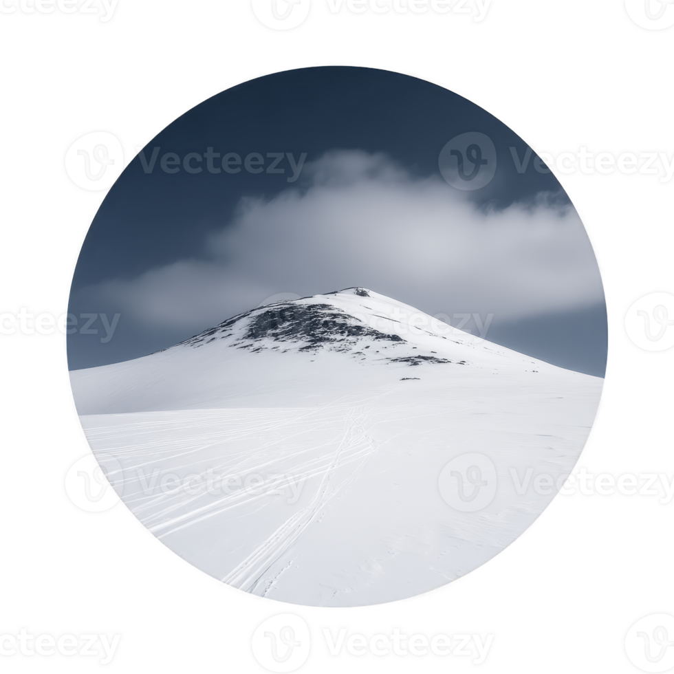 Snow covered mountain peak under cloudy sky creates serene and isolated atmosphere. untouched snow and clear sky add to peacefulness of scene png