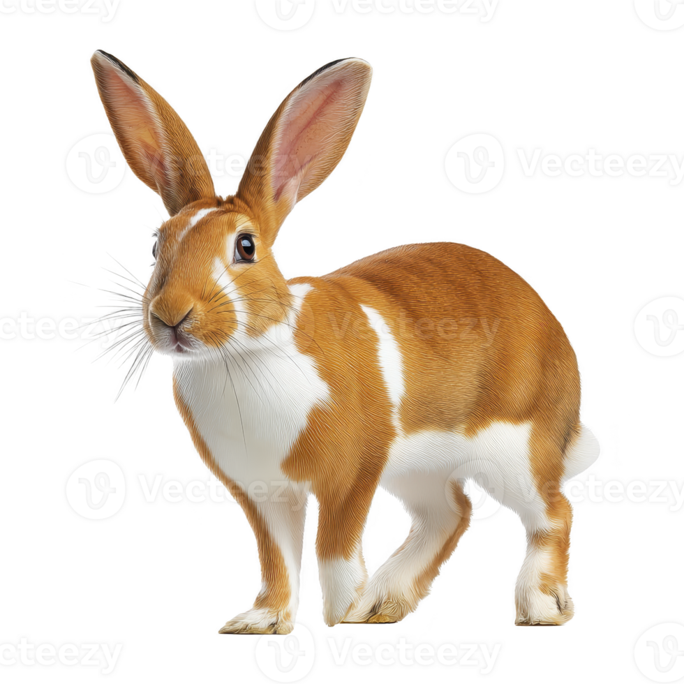 Cute brown and white rabbit stands alertly with its ears perked up, showcasing its soft fur and curious expression. rabbit detailed features and vibrant colors make it appear lifelike and engaging png