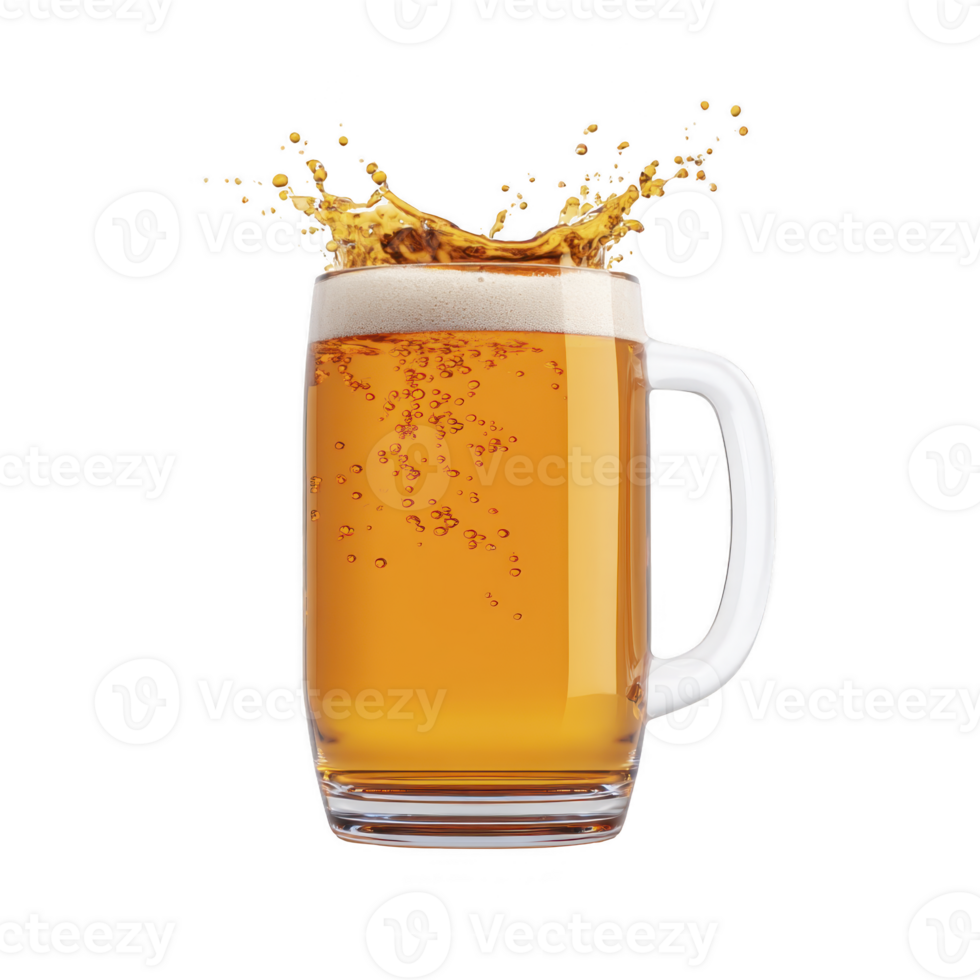 Frothy mug of beer with splash effect, showcasing bubbles and foam, isolated on transparency background. image captures refreshing and lively essence of beverage png