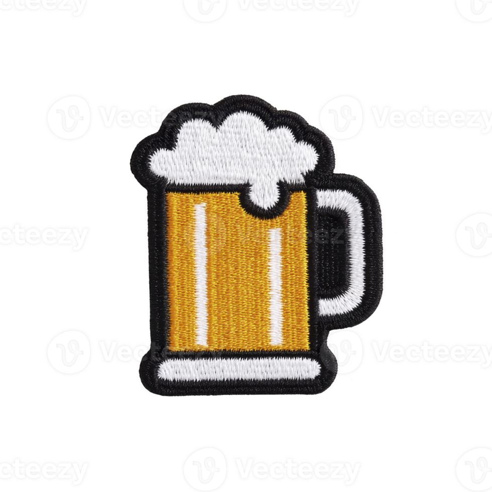 Colorful embroidered patch of beer mug with frothy foam on top, showcasing playful and vibrant design. patch is ideal for clothing or accessories, adding fun touch png