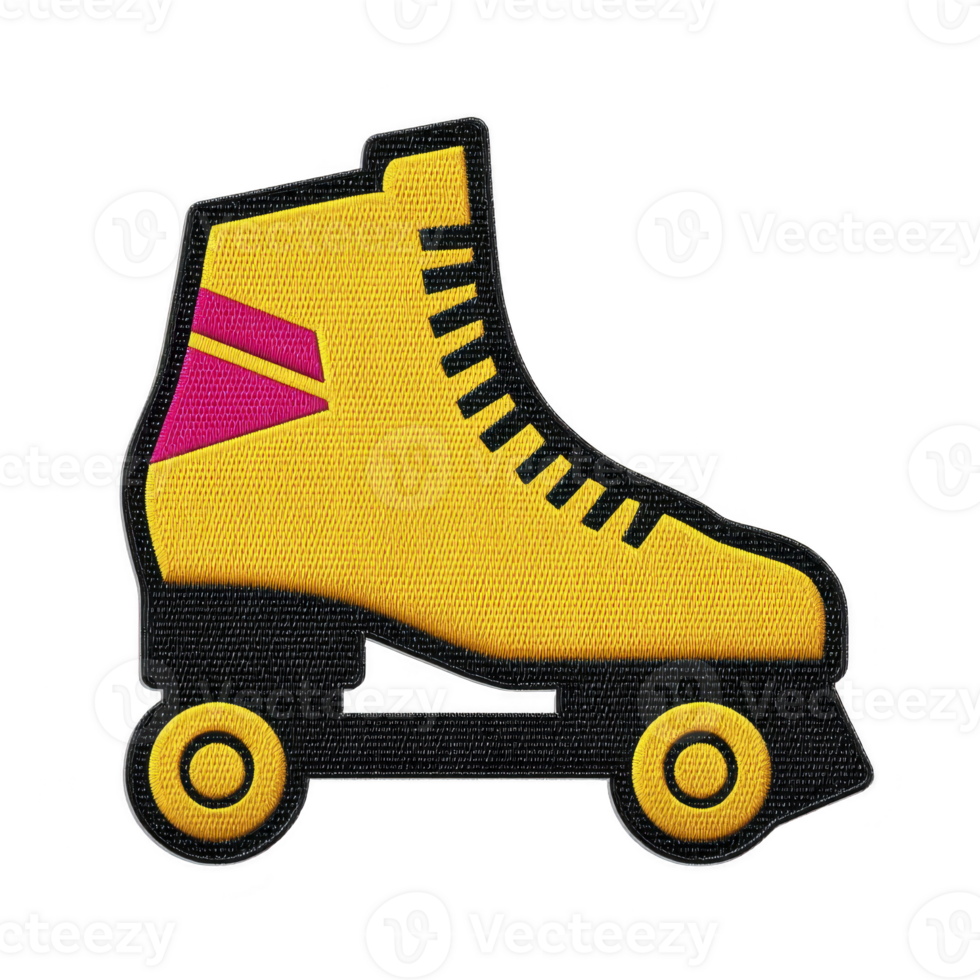 Vibrant yellow roller skate with pink stripe and black outline, featuring high top design and four wheels, evokes sense of fun and nostalgia png