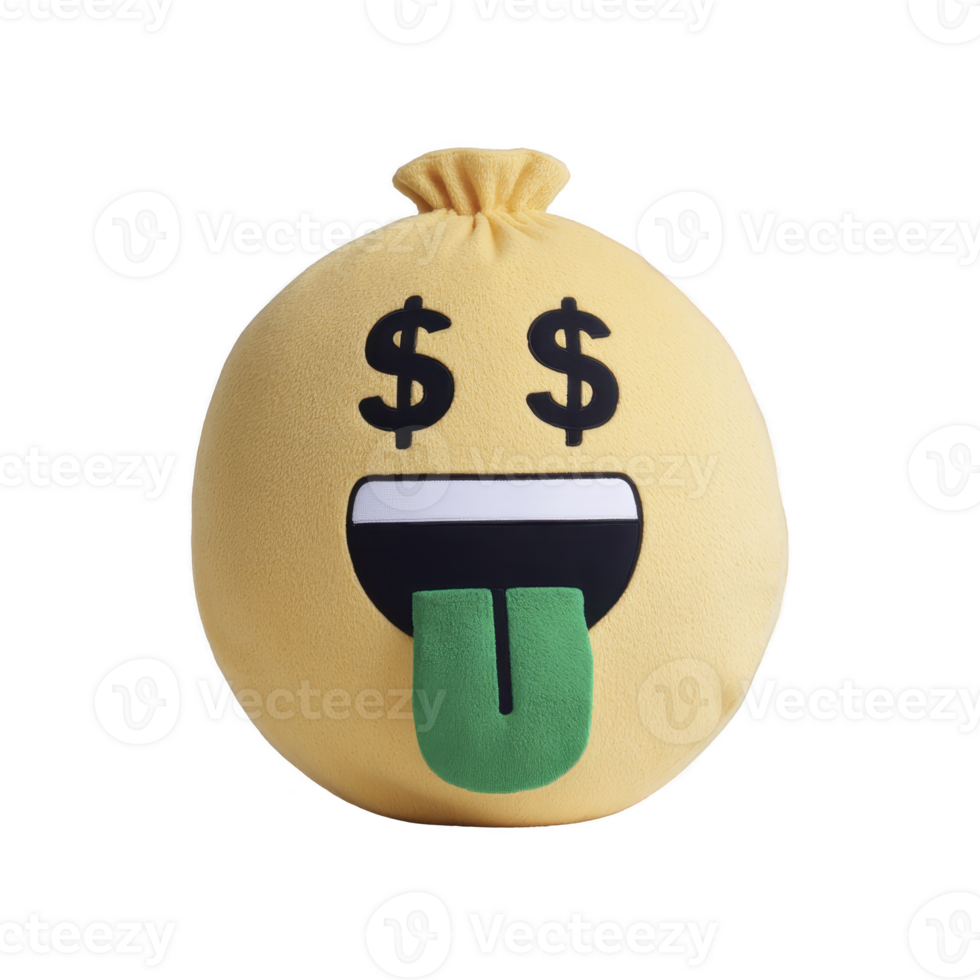 Plush pillow shaped like money bag emoji with dollar signs for eyes and green tongue, expressing excitement. pillow is yellow and has playful design, perfect for adding fun to any room png