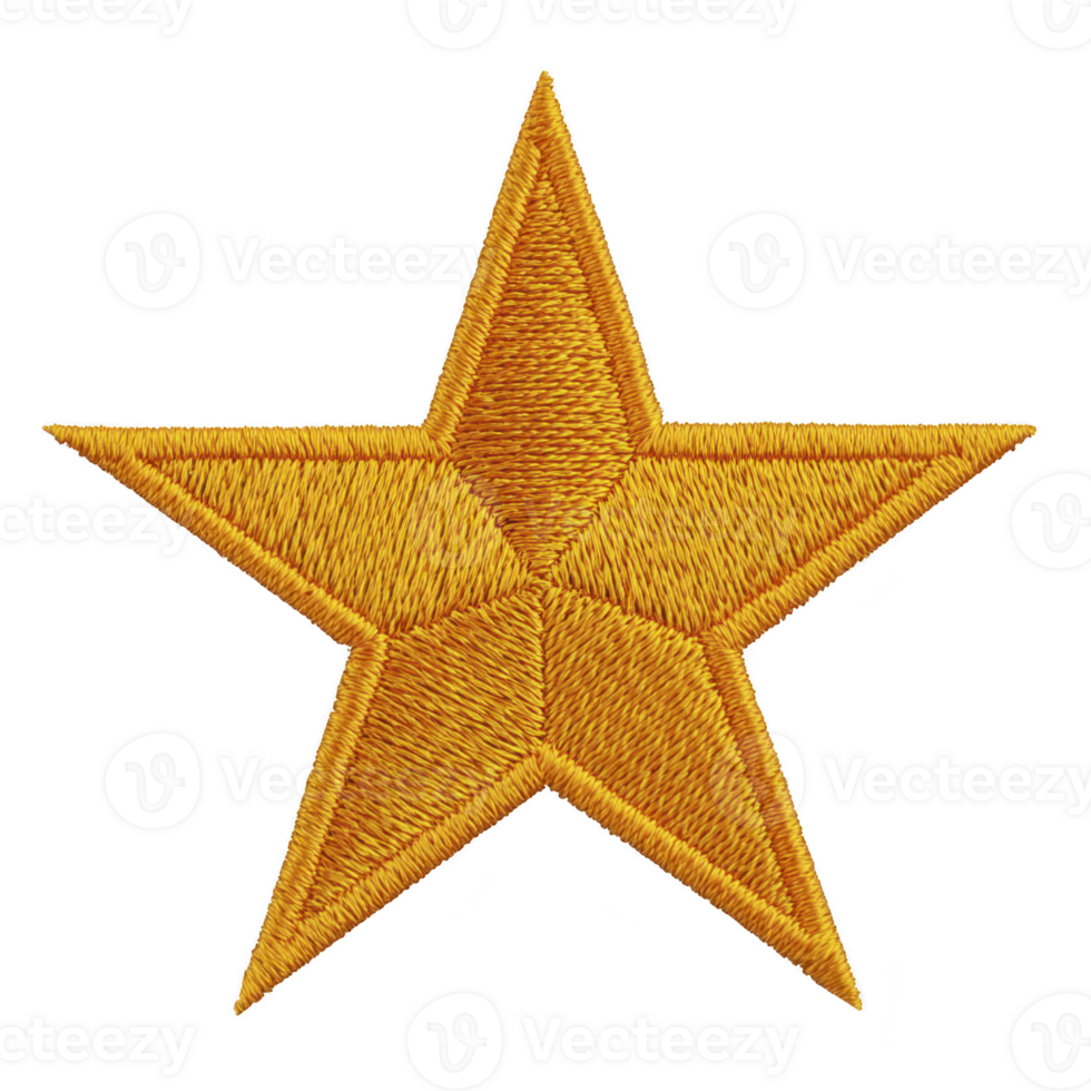 Golden embroidered star with detailed stitching, showcasing five pointed design. texture highlights intricate needlework, creating sense of craftsmanship and elegance png