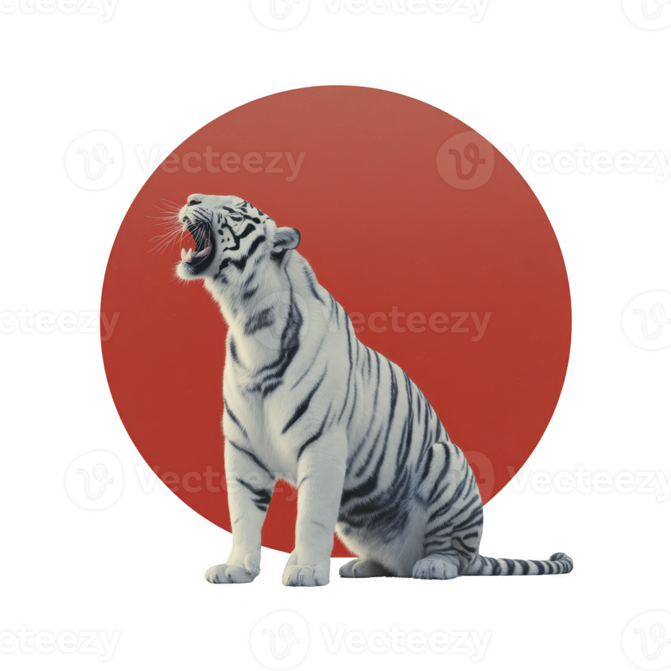 Majestic white tiger with black stripes sits and roars in front of large red circle, symbolizing strength and power. contrast between tiger and background is striking png