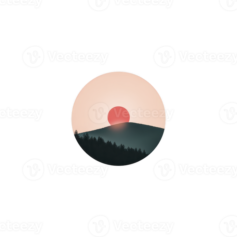 Minimalist landscape illustration features serene sunset over silhouetted mountain range, with warm pink sun setting against soft gradient sky png