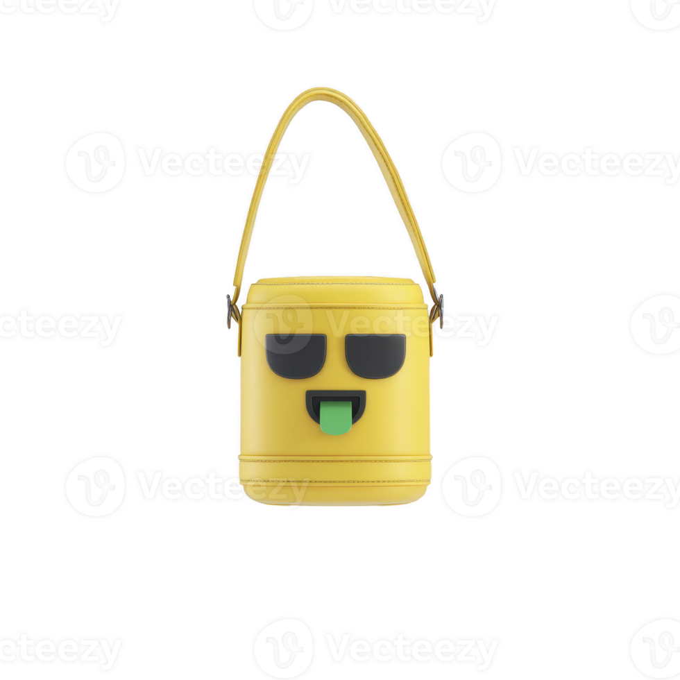 Yellow handbag with playful emoji face featuring sunglasses and sticking out tongue, designed with single strap for easy carrying png